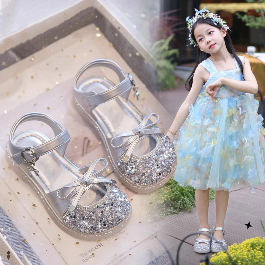女童品牌水晶公主凉鞋夏季新款蝴蝶结洋气亮钻表演鞋时装包头童鞋