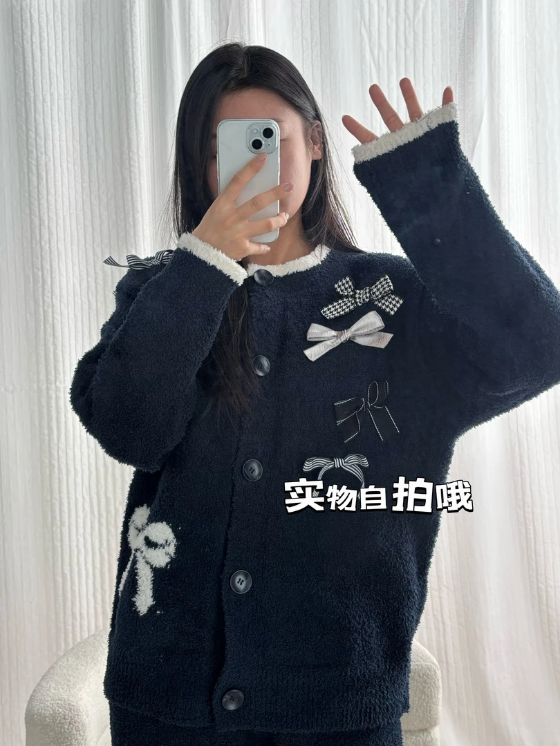 冬季新款半边绒家居睡衣女蝴蝶结开衫休闲保暖可外穿家居服女套装