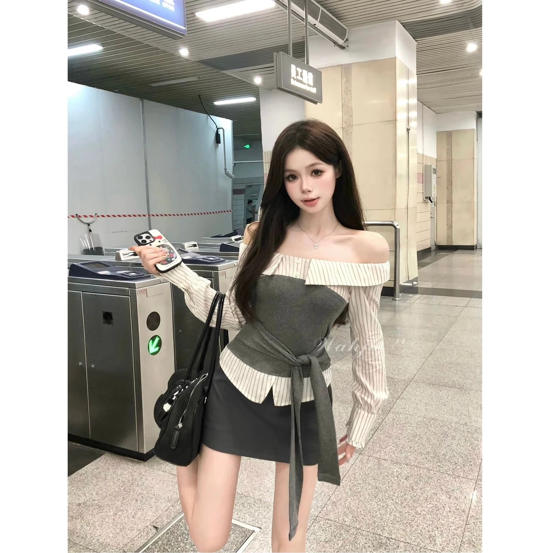 春秋款百搭老钱风女装T恤韩式纯欲休闲性感气质ins一字肩打底小衫