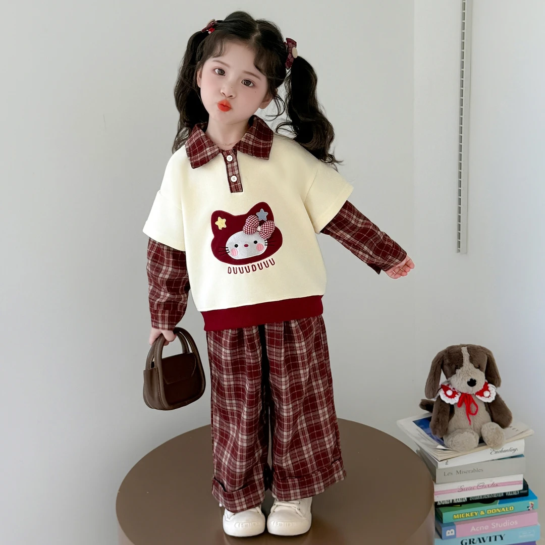 女童假两件卫衣套装洋气儿童春秋季新款女宝宝格子阔腿裤两件套潮