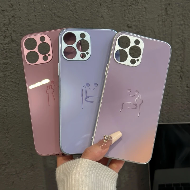 适用苹果16pro创意iPhone15手机壳金属直边玻璃华为p晕染比耶笑脸