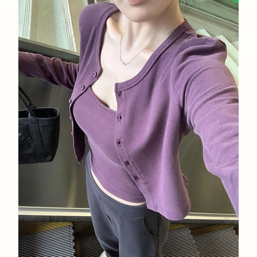 纯欲紫色吊带开衫两件套装女秋季2025新款内搭甜辣妹短款长袖上衣