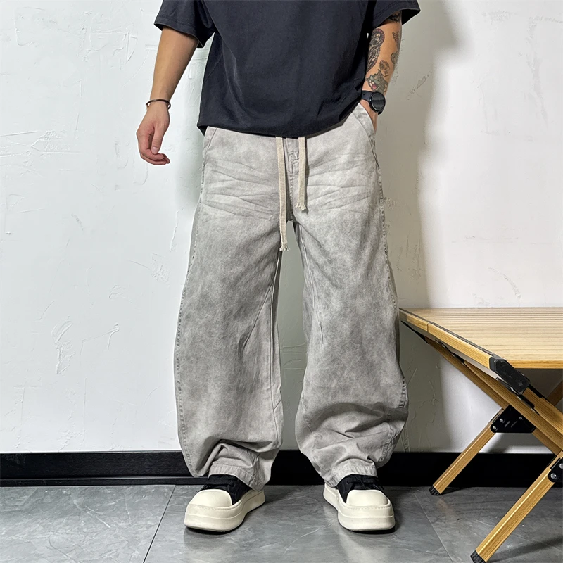 美式高街渐变做旧宽松垂感弯刀裤2025秋冬季脏脏垂感阔腿牛仔裤男