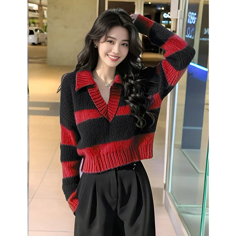 2024冬季时尚独特漂亮好看毛衣黑红撞色宽松条纹针织上衣裤子套装