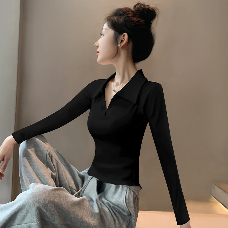 欧洲站2025春秋新款黑色修身polo衫打底衫女螺纹棉显瘦长袖T恤衣