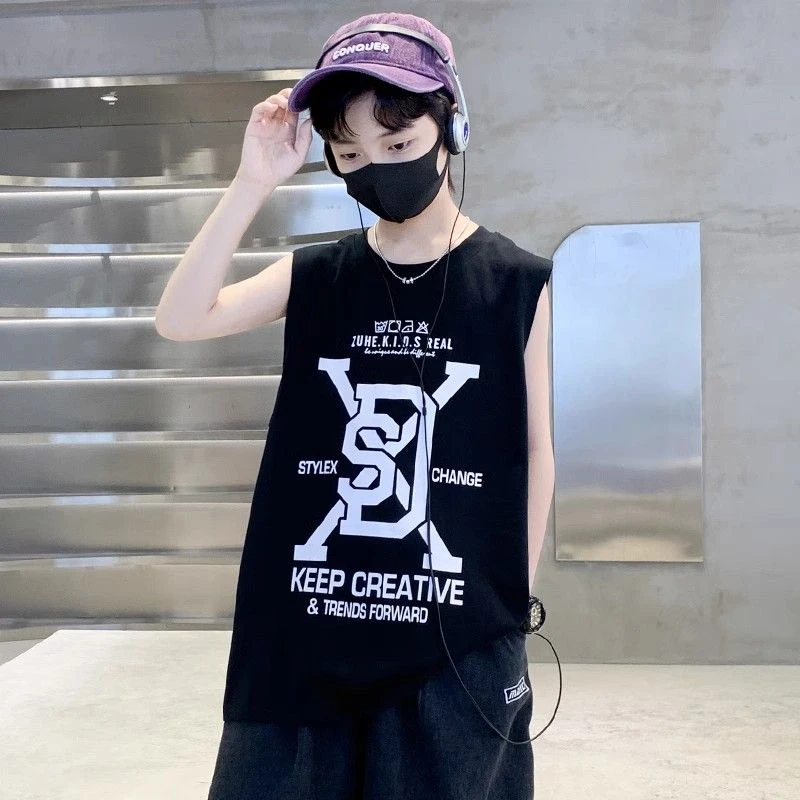 夏季新款中大童纯棉休闲卡通动漫无袖薄款运动背心坎肩儿童通用