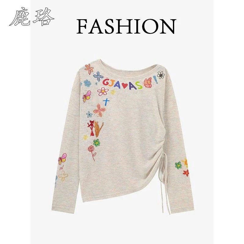 韩系ins长袖女士涂鸦刺绣慵懒氛围感不规则抽绳薄款针织上衣早秋