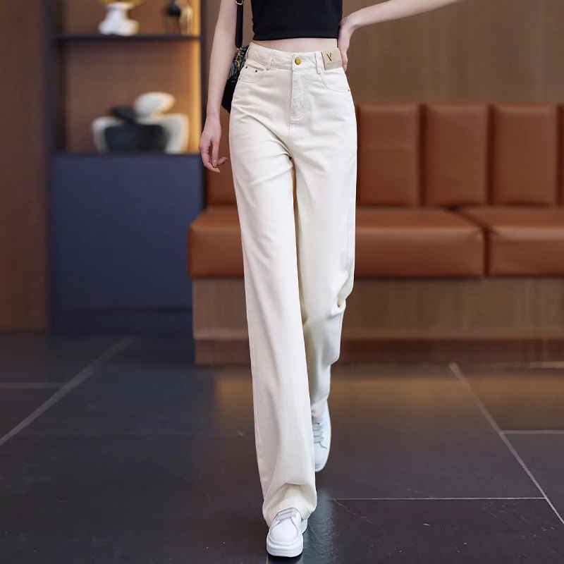 拉夏贝尔米白色软牛仔直筒裤女春秋年爆款裤子休闲窄版阔腿裤