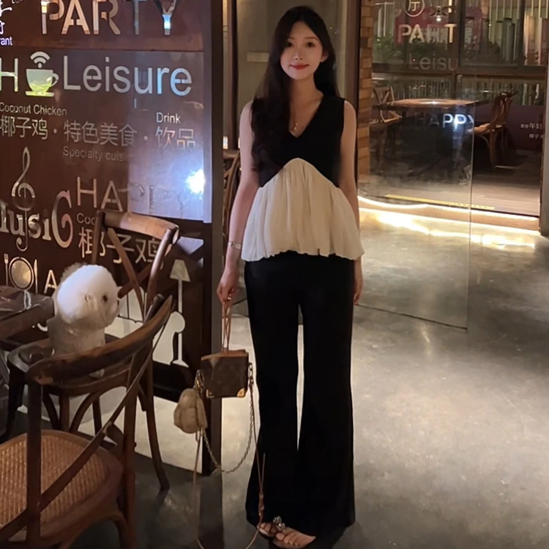 【黑色际遇】夏季纯色松紧中高腰宽松绑带微喇长裤显瘦垂感