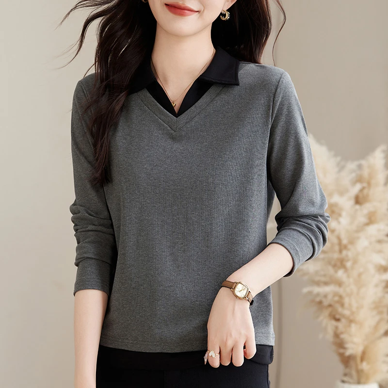 女士翻领长袖高奢立领长袖卫衣拼接休闲城市轻运动风春秋显瘦气质