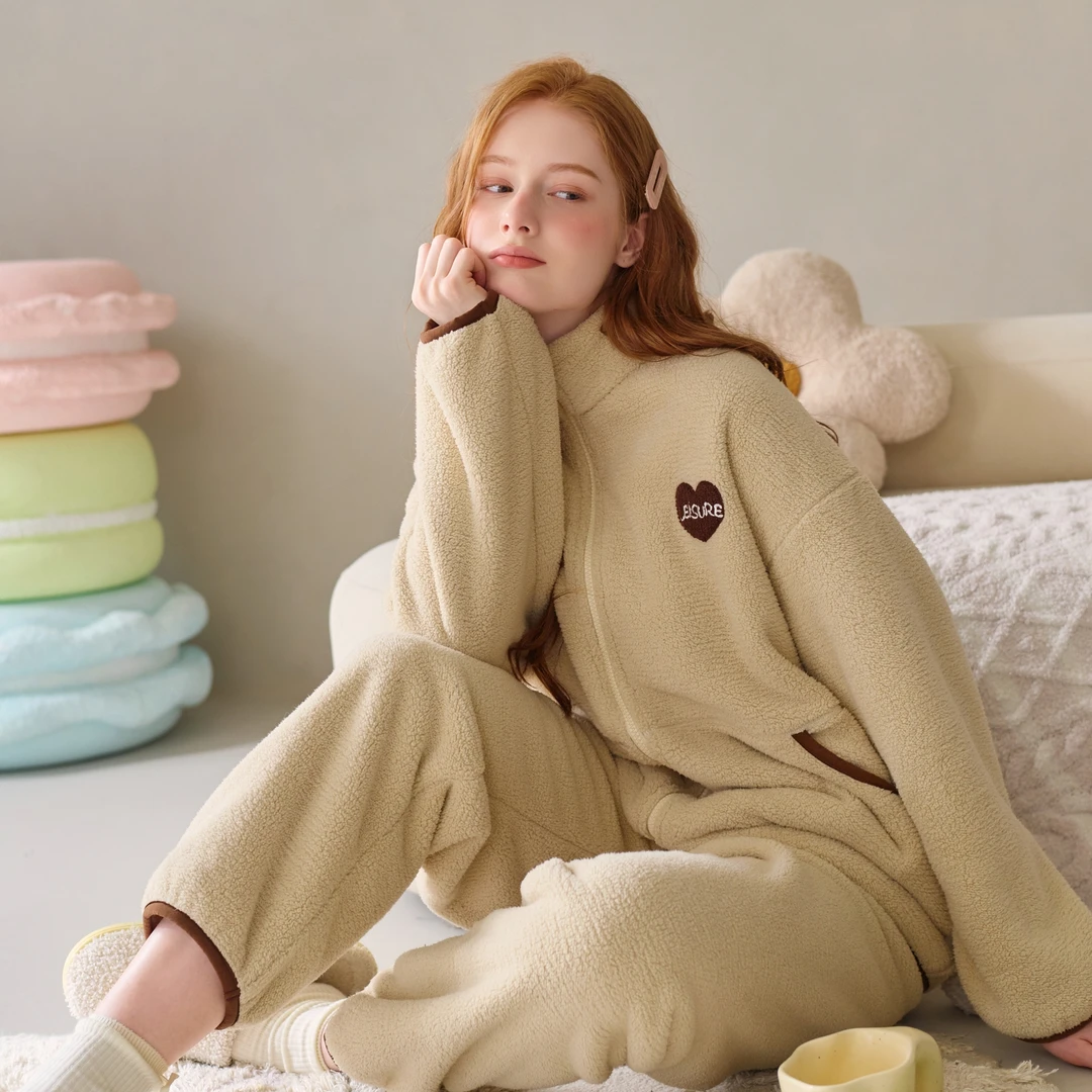 芬腾珊瑚绒睡衣女士秋冬季加绒加厚保暖拉链可外穿休闲家居服套装