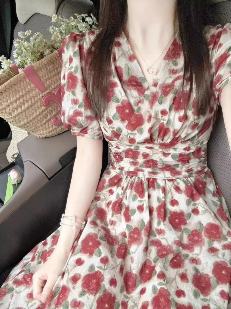 D  小小李夏季碎花高腰连衣裙时尚法式