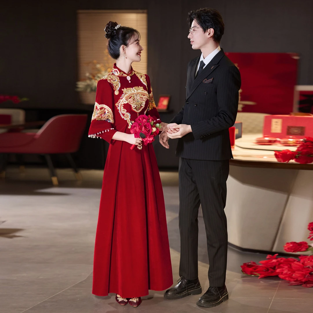 红色敬酒服新款冬季孕妇遮肚新中式结婚出阁结婚订婚婚服旗袍礼服