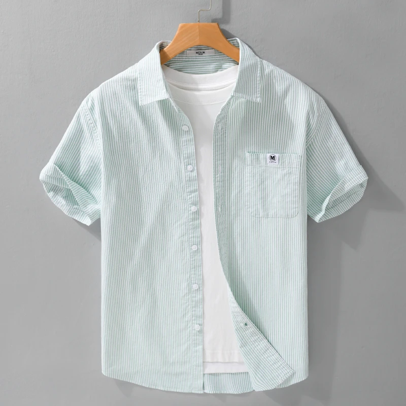 夏季条纹短袖衬衫男士宽松纯棉商务休闲百搭衬衣男潮流文艺薄款潮