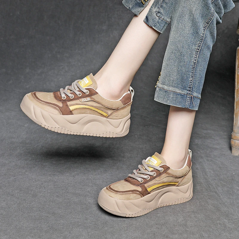 头层牛皮2025春季新款单鞋女复古百搭休闲板鞋软底增高休闲单鞋女