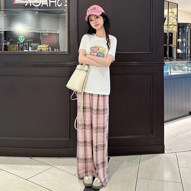 韩系穿搭粉色格子阔腿裤夏季新款洋气减龄印花短袖T恤宽松两件套