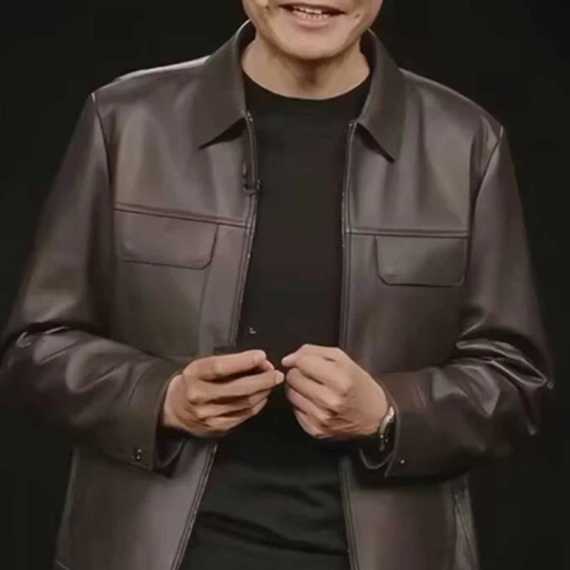 雷总明星雷军同款夹克绵羊皮春秋新款翻领百搭商务绅士男士皮衣