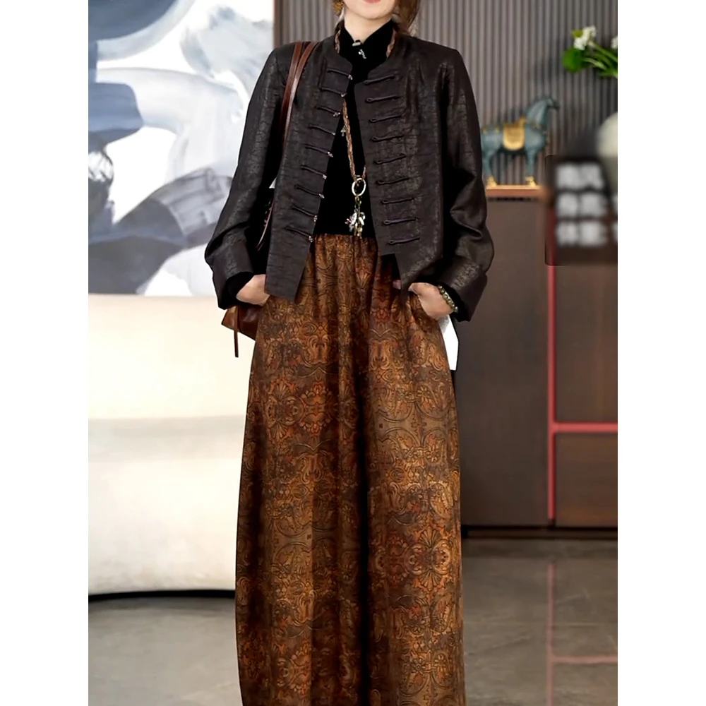 洋气文艺风裤套装女2025秋季新款盘扣长袖新中式外套+印花阔腿裤