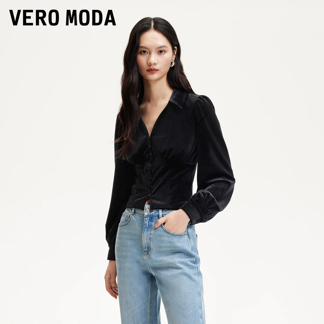 Vero Moda衬衫女新款丝绒翻领泡泡袖显瘦气质百搭高级感325105019