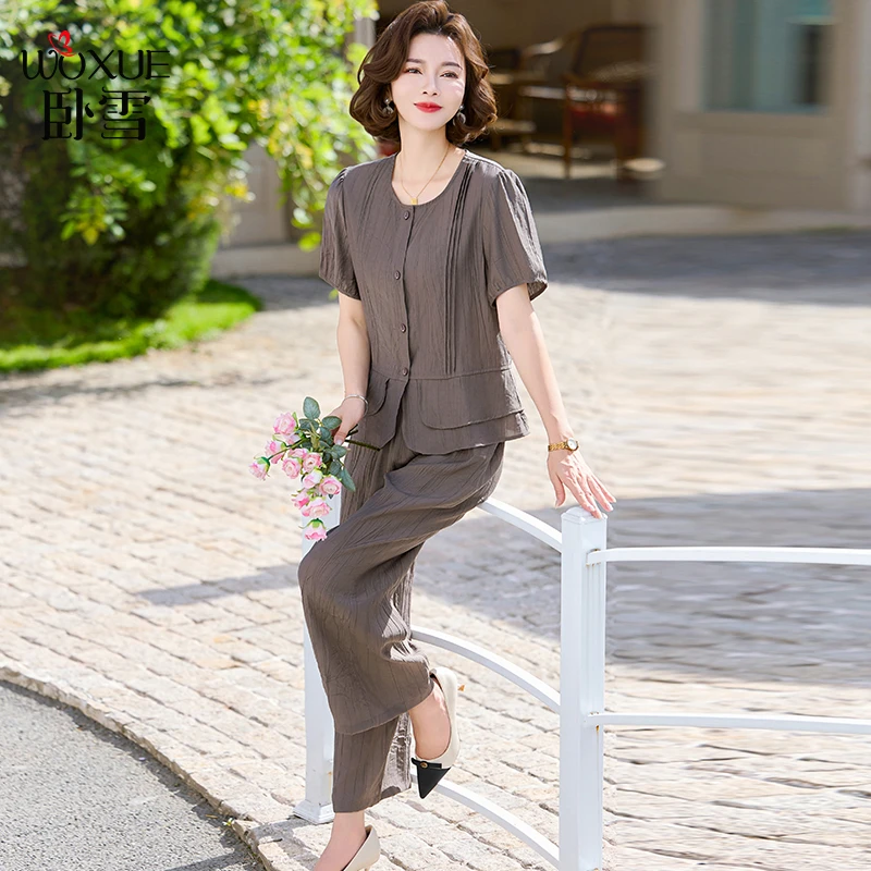 妈妈夏装短袖小衫洋气套装2025新款中老年女装时尚t恤上衣两件套