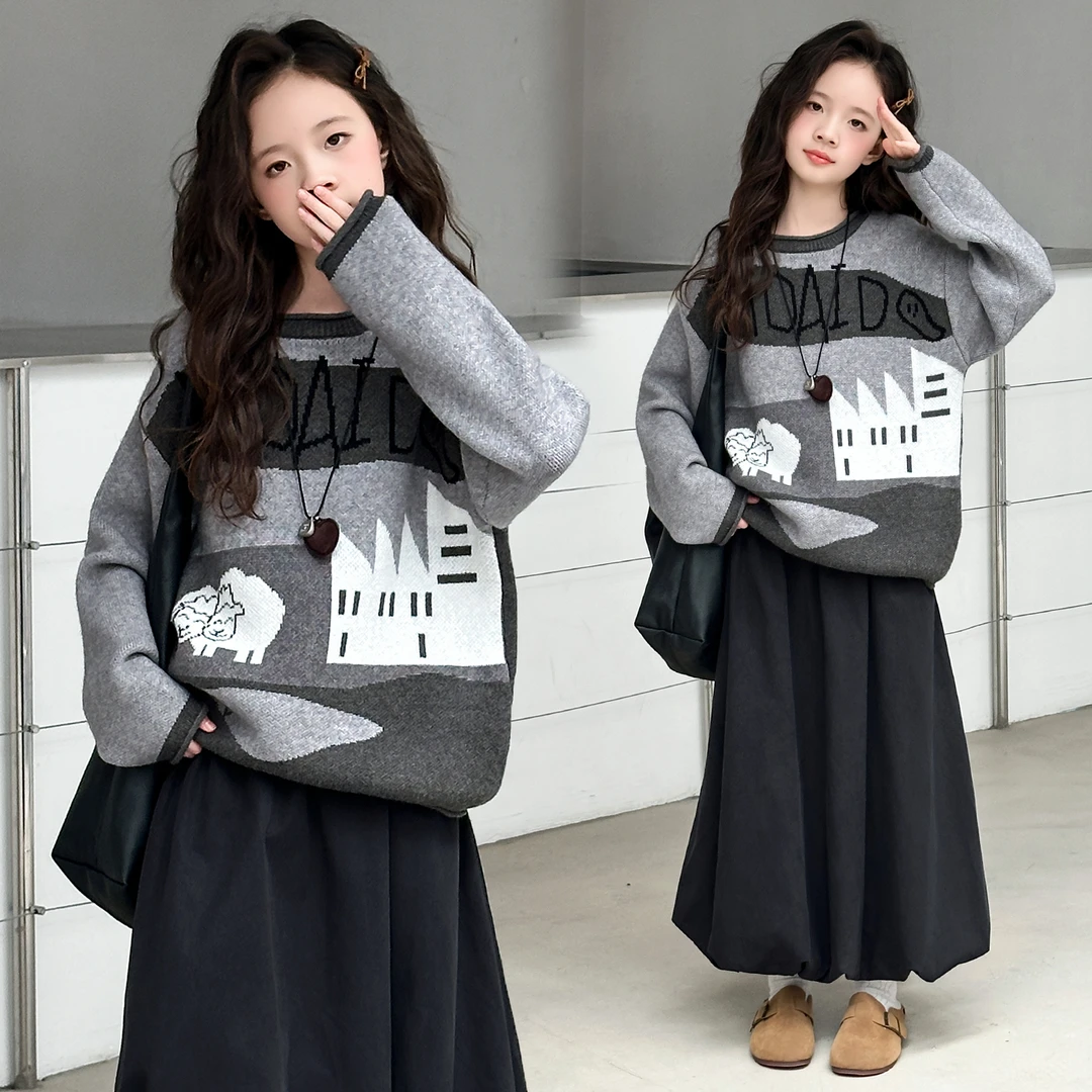 女童春秋新款韩系卡通小羊提花毛衣中大童女孩甜美时尚休闲针织衫