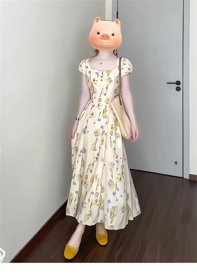 大码法式碎花茶歇气质款连衣裙2025洋气显瘦收腰复古风长裙子方领