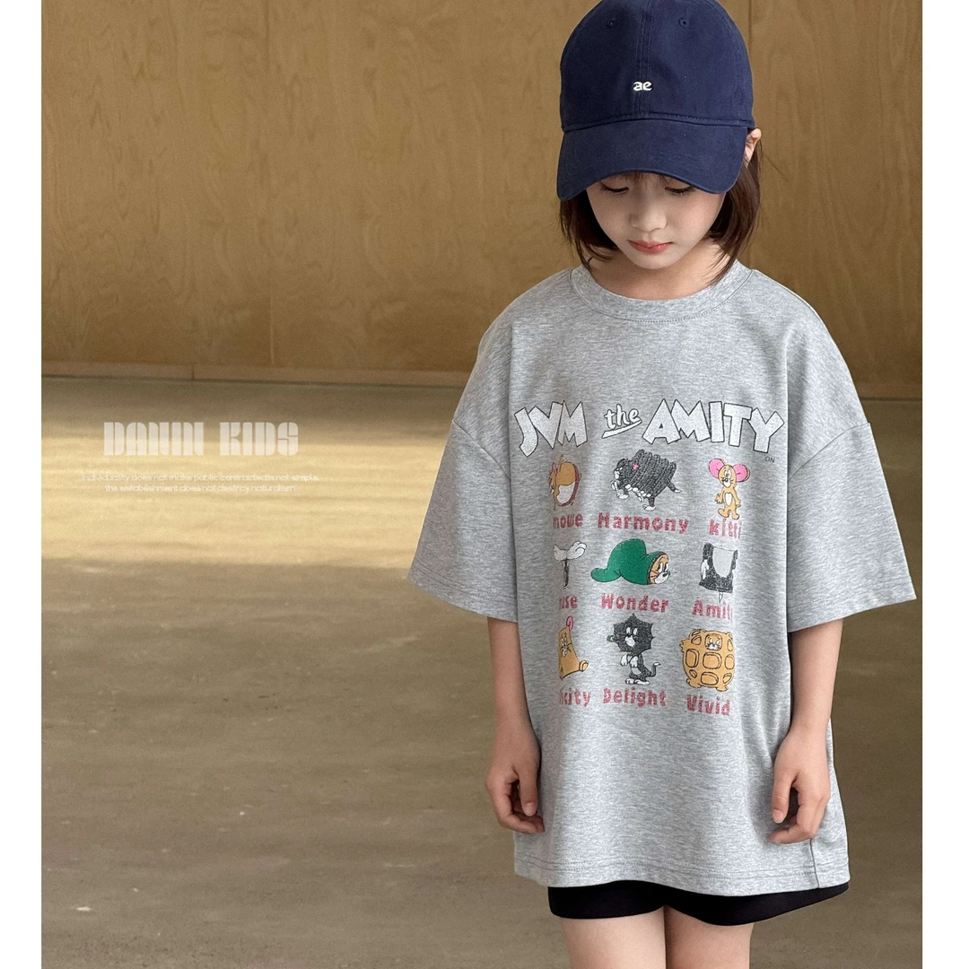 【嗒囜】女童25夏新款时尚卡通印花休闲短袖T儿童韩版圆领百搭上衣