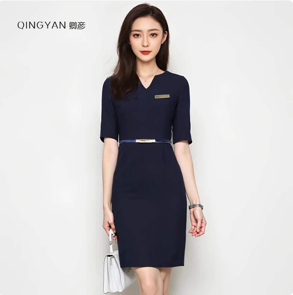 高端前台工作服气质连衣裙女夏款显瘦西装酒店接待珠宝店工服
