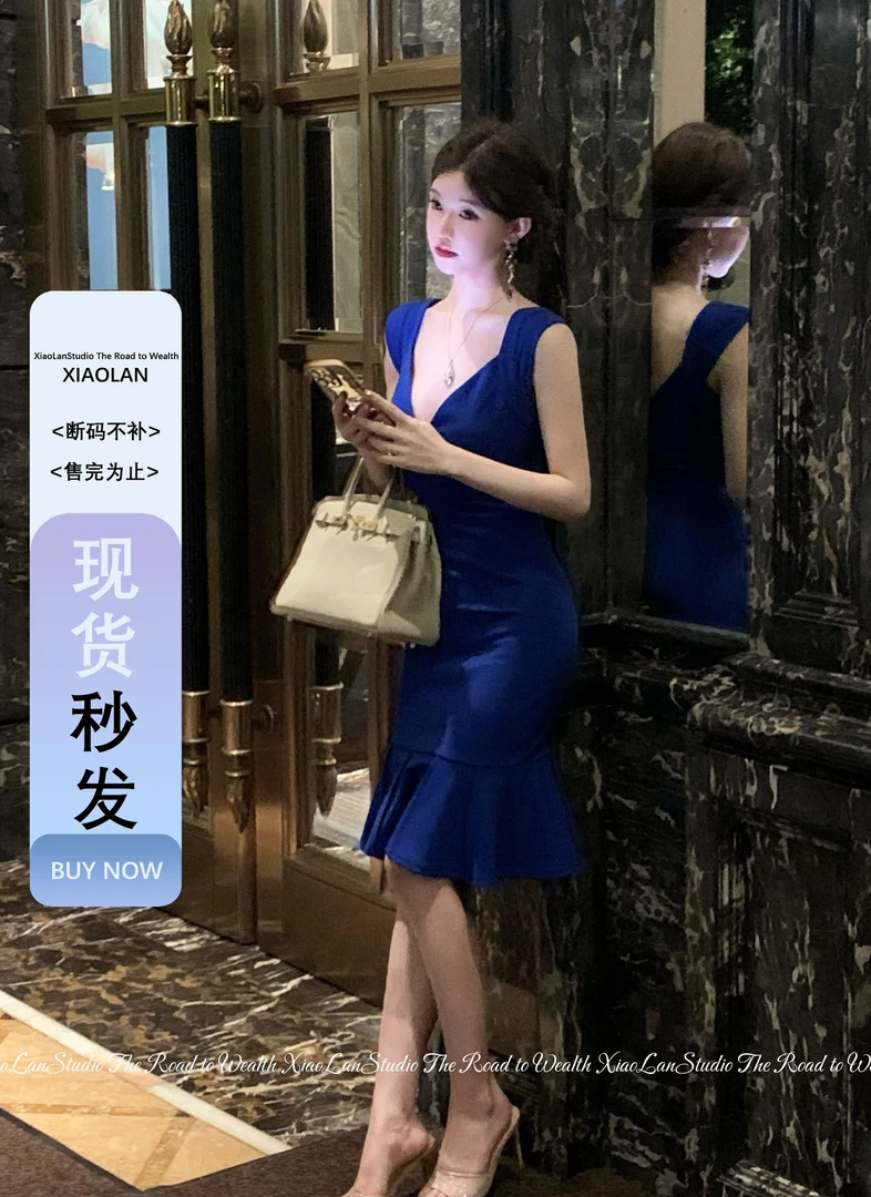 小岚同学「蓝絮语」显瘦气质蓝色夏季法式修身小众包臀设计感连衣裙