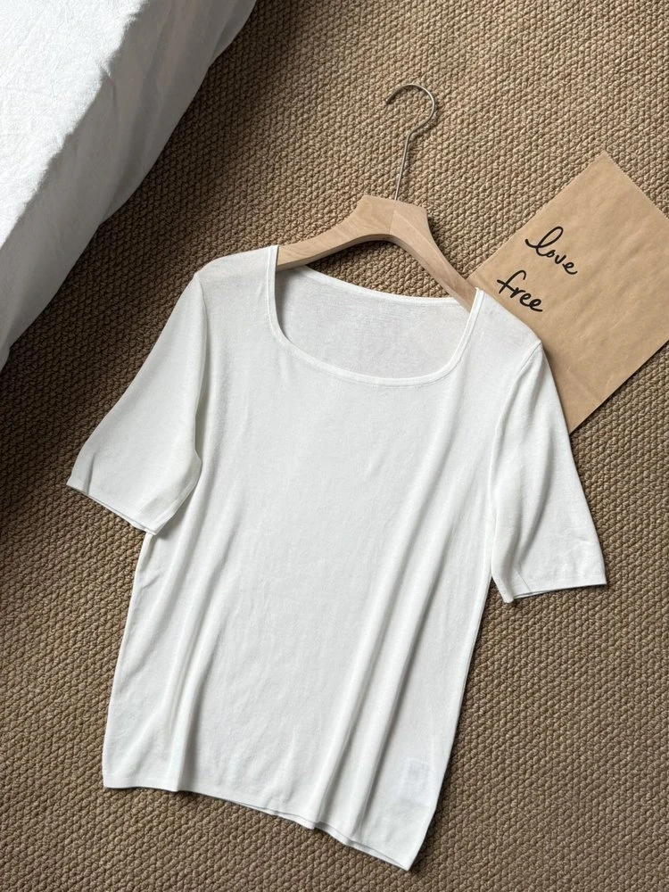 苹果型正肩t恤五分袖短袖夏季T恤方领圆领修身白色