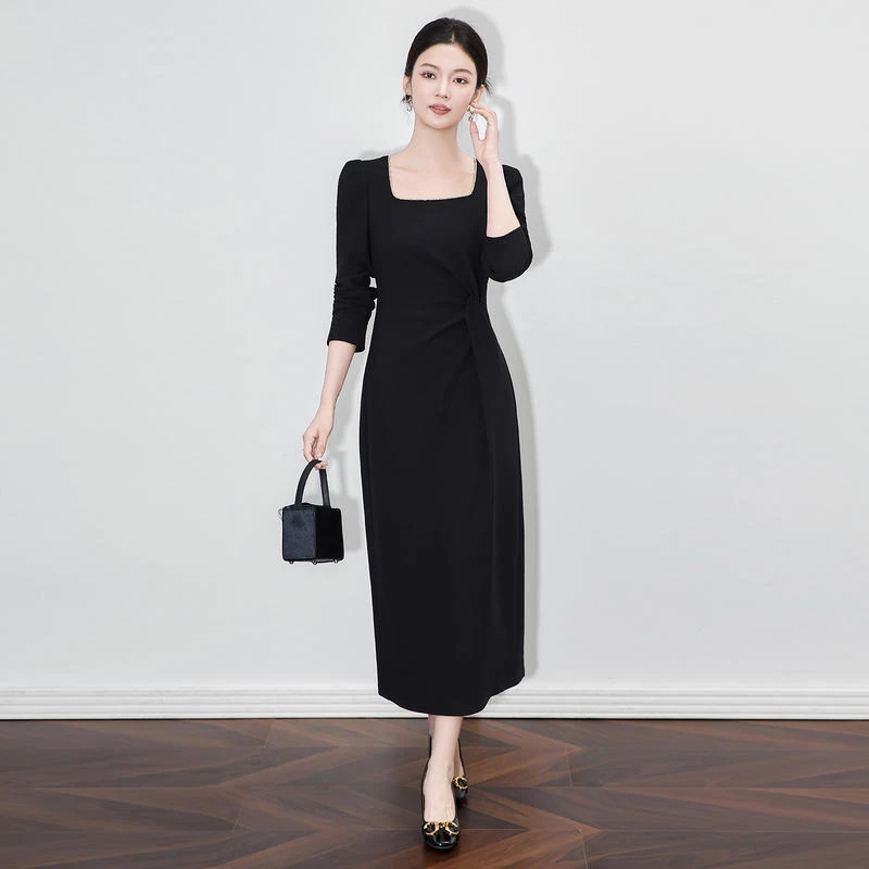 长袖法式名媛简约方领泡泡袖立裁收褶腰修身黑色连衣裙礼服晚宴会