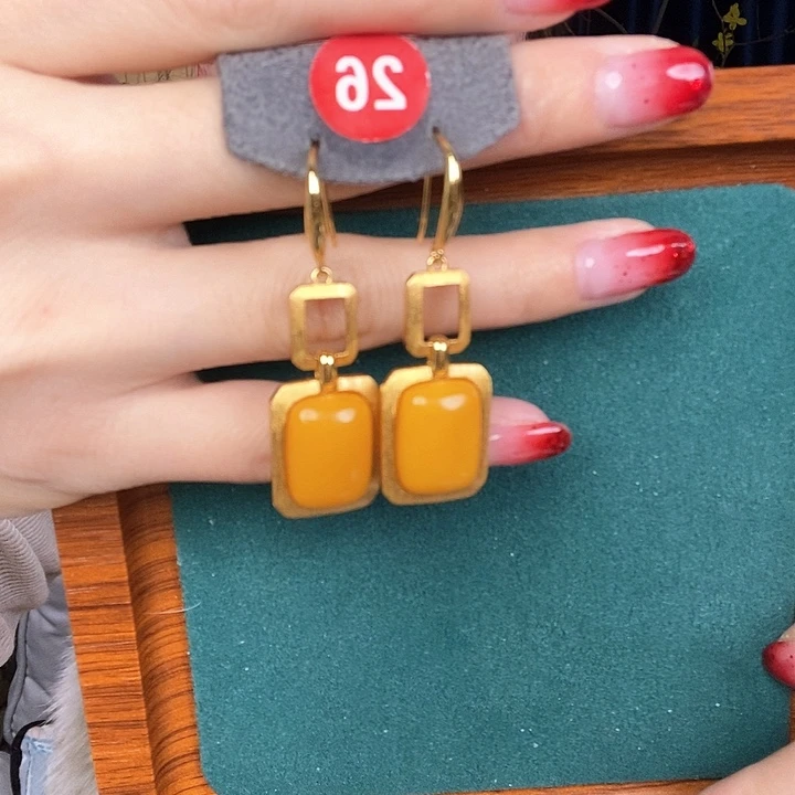 蜜蜡耳饰银S925镶嵌耳吊