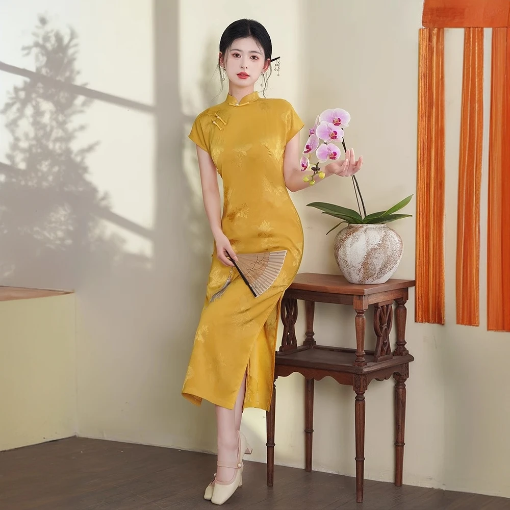 黄色中国风旗袍改良中式2025新款夏季旗开得胜高考送考妈妈连衣裙