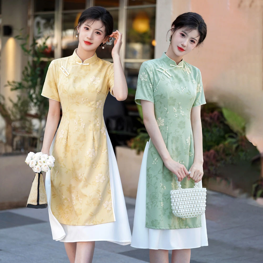 黄色高考送考旗袍中考2025新款夏季日常气质新中式长款奥黛连衣裙