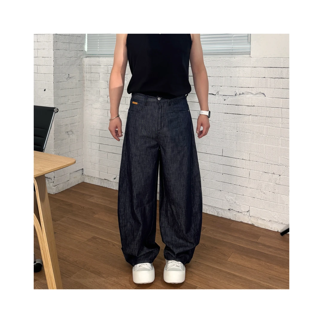 【张茂studio】夏季新款原牛蓝色防褪色日系老钱宽松弯刀裤牛仔裤子