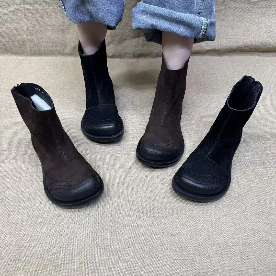 2507A5秋季新款低跟休闲风女靴高筒圆头复古休闲日常通用女靴
