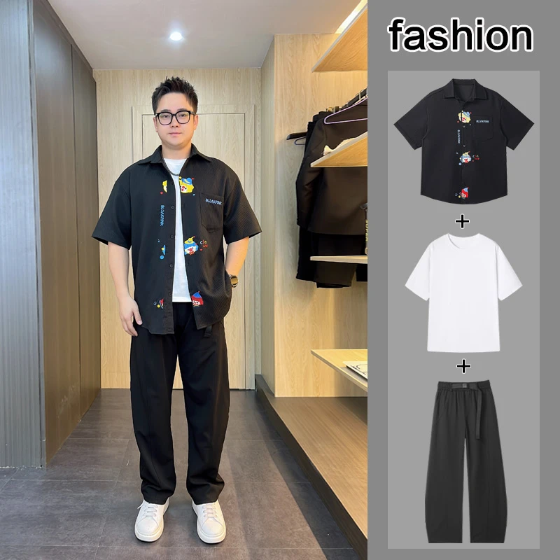 夏季男士短袖衬衫韩版休闲宽松衬衣刺绣外套黑色痞帅大码胖人潮流