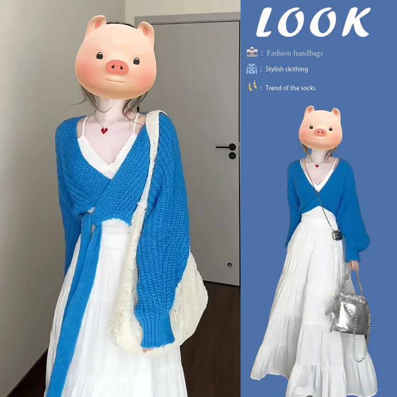 时尚穿搭女2025春季新款女绑带短款坎肩针织开衫吊带半身裙三件套