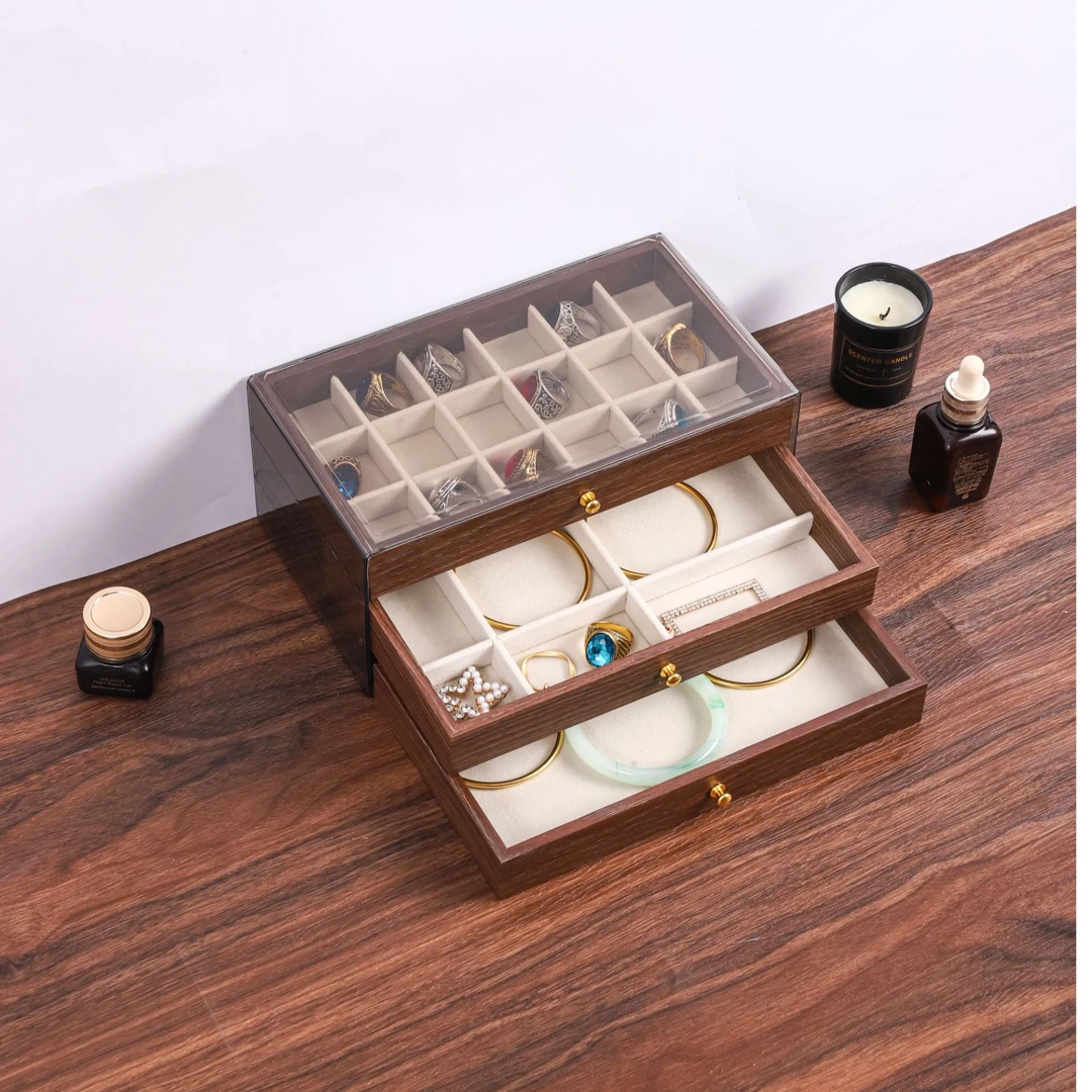 外贸单胡桃木纹三层抽屉首饰收纳盒饰品收纳盒