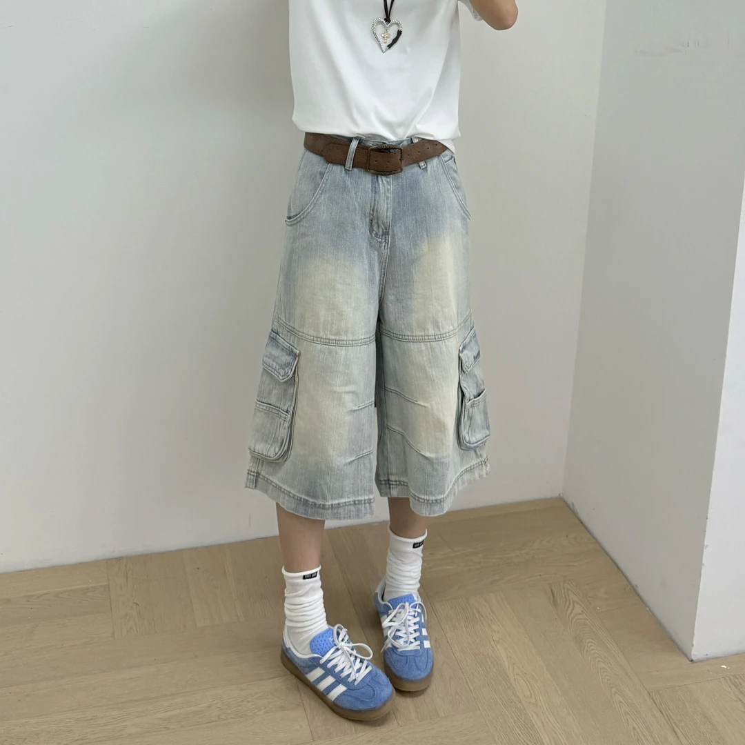 CTE美式复古阔腿五分工装裤夏季做旧宽松高腰百搭牛仔短裤