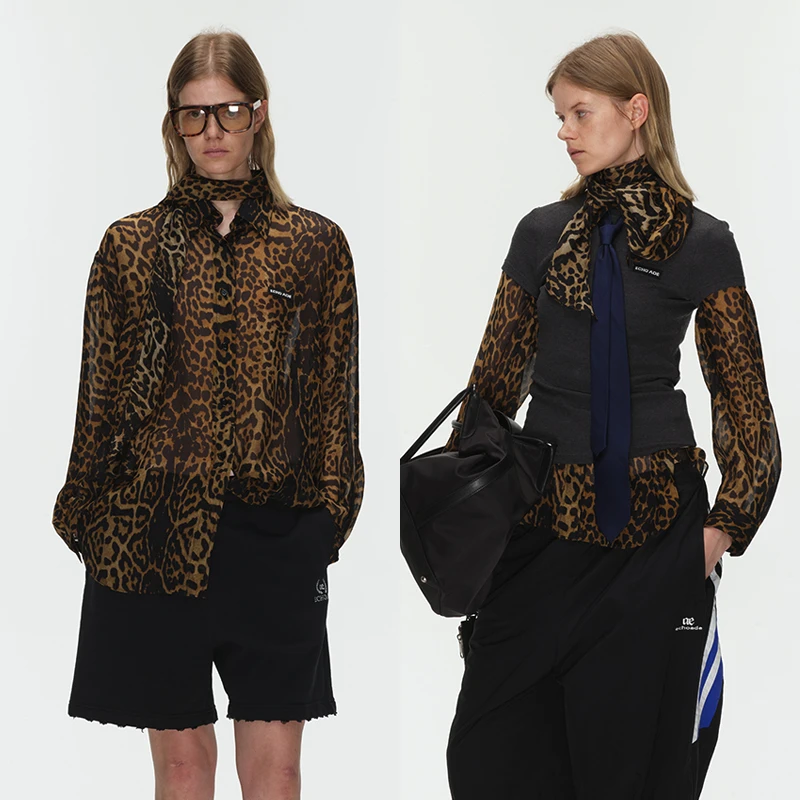 ECHOADE松弛有度 100%桑蚕丝轻逸灵动微透空气感宽松豹纹长袖衬衫