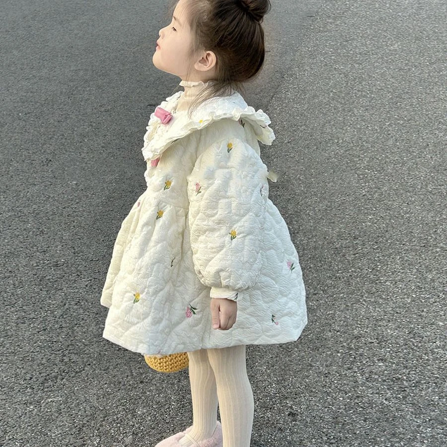 女童棉服韩版加绒碎花棉袄娃娃领公主风洋气女加厚款冬季中长款