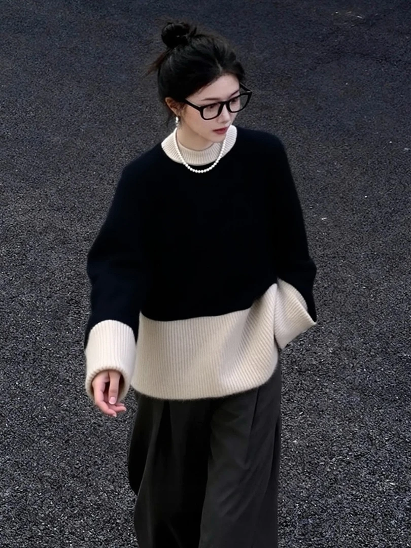 韩系高级感撞色圆领针织衫女2025秋冬新款软糯慵懒风宽松套头毛衣