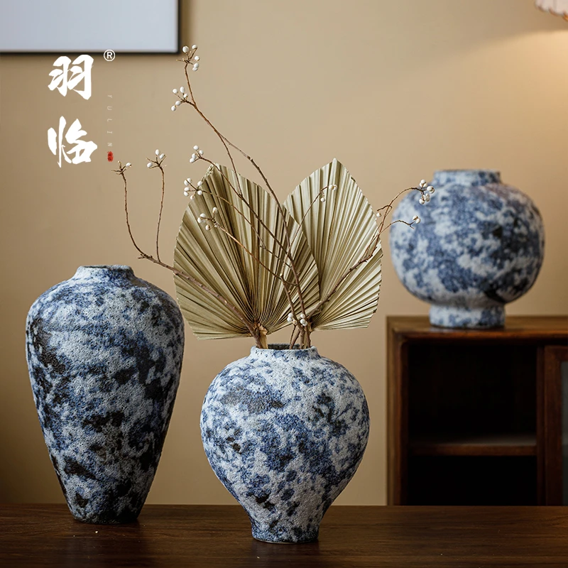 景德镇陶瓷泡泡釉花瓶蓝色月球表面罐土陶罐干插花器民宿装饰摆件