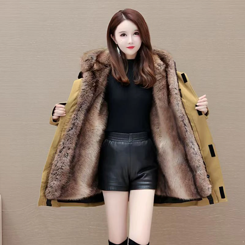 海宁派克服女冬季新款加厚外套可脱卸内胆皮毛一体连帽工装冲锋衣