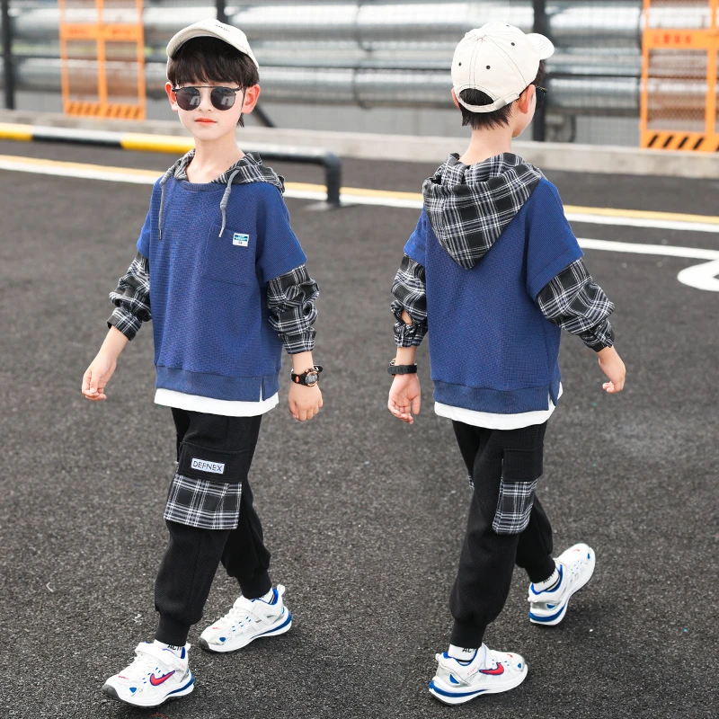 男童春装套装2025新款中大童男孩春秋季儿童格子假两件卫衣A1228