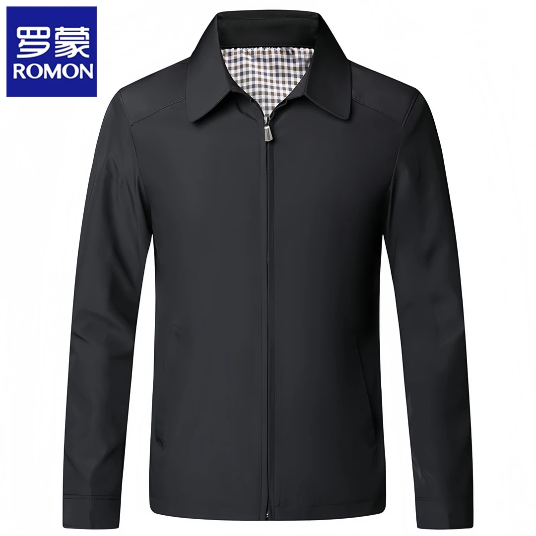 罗蒙春秋季休闲男士夹克薄款翻领中年爸爸装高端商务修身外套潮流