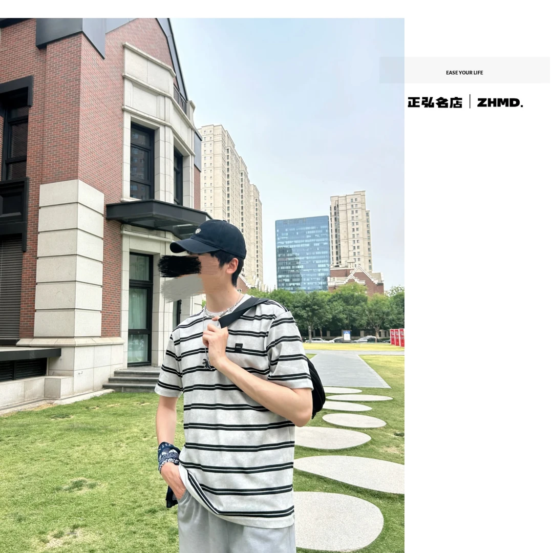 2025年青春活力条纹夏季短袖宽松型T恤圆领情侣男士韩版99066