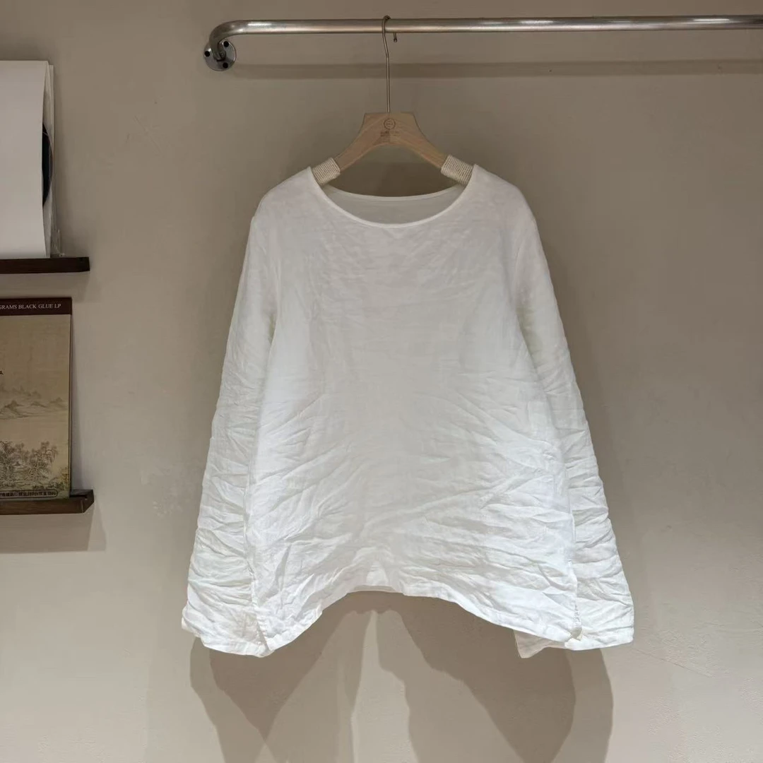 秋冬新款双层砂洗亚麻圆领长袖纯色宽松显瘦套头时尚打底上衣女