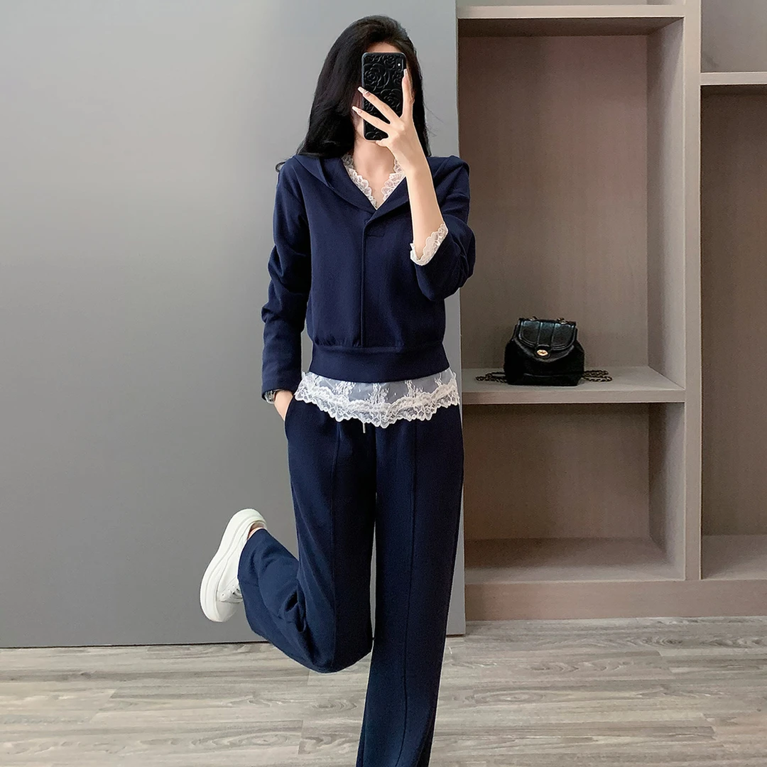 网红炸街春秋新款小香风时尚洋气连帽开衫上衣阔腿裤休闲运动套装